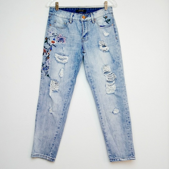 refuge Denim - Refuge Embroidered Distressed Boyfriend Jeans 4